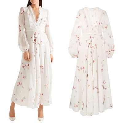 Lace-Trimmed Floral-Print Silk Crepe de Chine Maxi Dress from Giambattista Valli