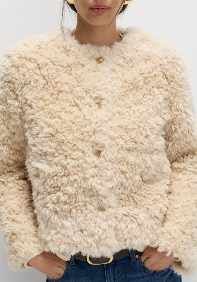 Faux Fur Textured Collarless Short Jacket 