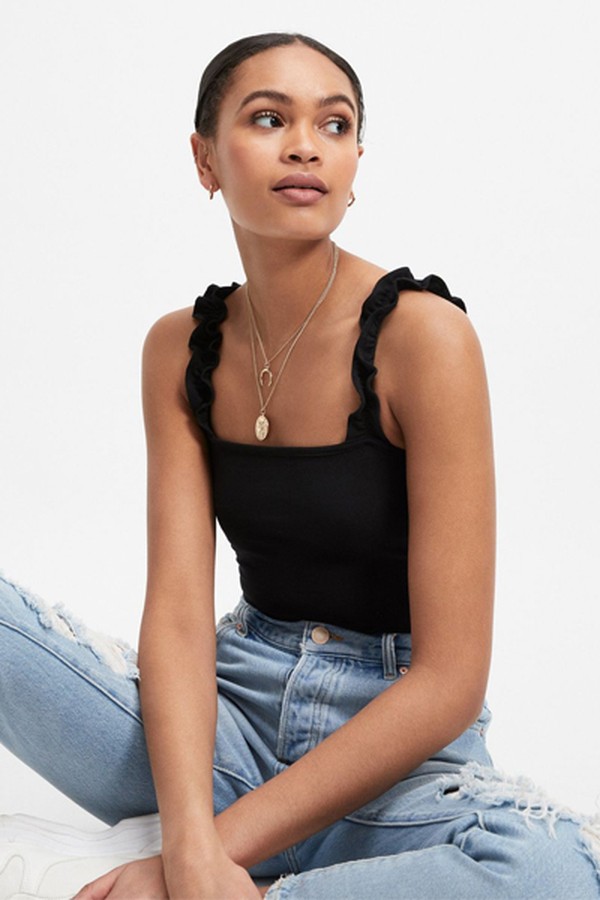 Black Sleeveless Ruffle Strap Bodysuit from Miss Selfridge