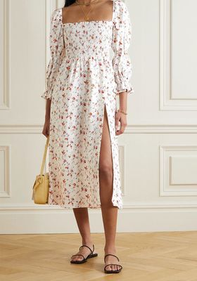 Hyland Smocked Floral-Print Linen Midi Dress from Reformation