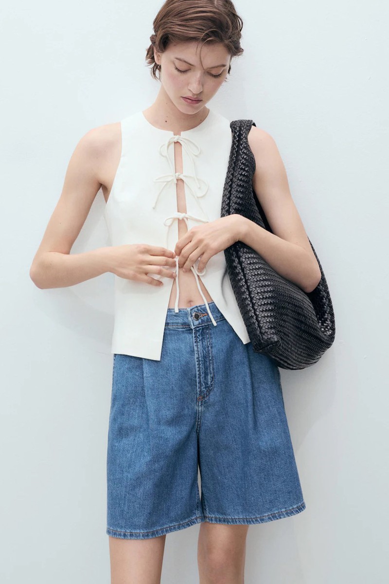 Mid-Rise Denim Bermuda Shorts With Pleats from Mango