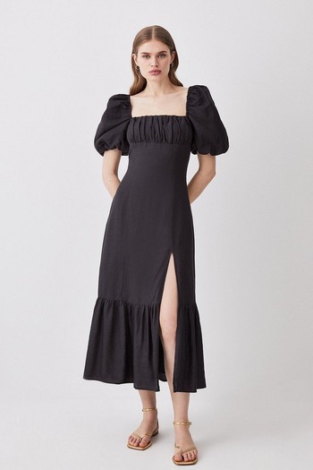 Linen Viscose Puff Sleeve Midi Sundress