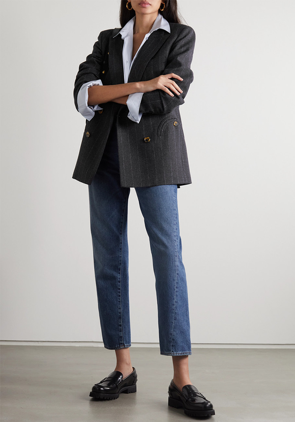 Double-Breasted Pinstriped Wool And Cashmere-bBend Blazer from Blazé Milano