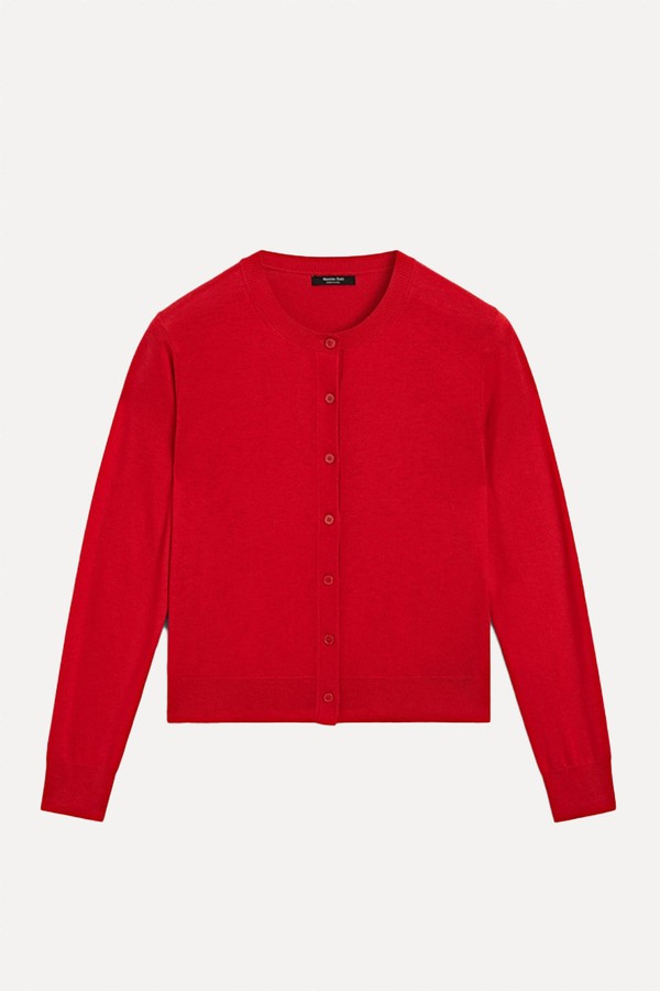 Wool Blend Knit Cardigan With Crew Neck