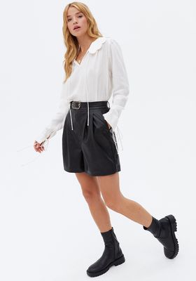 Black Leather-Look Belted High Waist Shorts