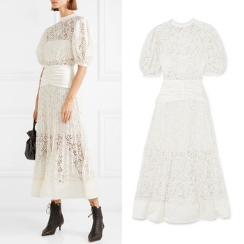 Satin-Paneled Lace Midi Dress from Self-Portrait