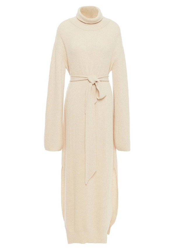 Belted Ribbed-Knit Turtleneck Maxi Dress