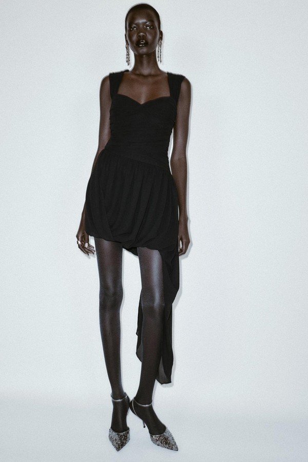 Asymmetric Balloon Hem Draped Mini Dress