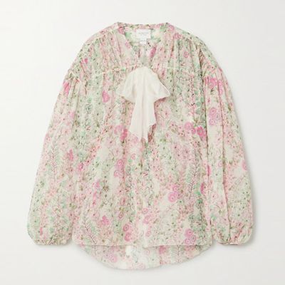 Pussy-bow Floral-Print Silk-Chiffon Blouse from Giambattista Valli