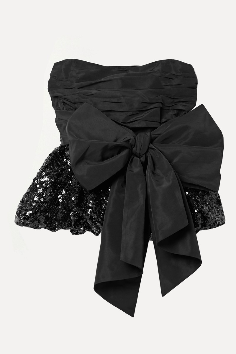 Jardena Bow-Embellished Ruched Taffeta & Sequined Crepe Top from LoveShackFancy