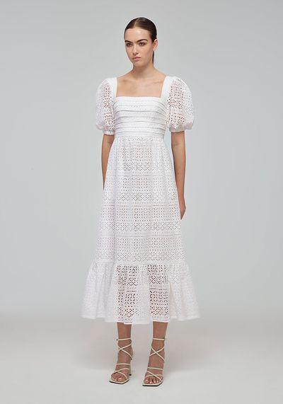 Mixed Broderie Puff Sleeve Midi Dress