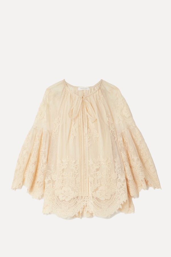 Hypnotic Tie-Neck Flocked Lace Blouse from Zimmerman