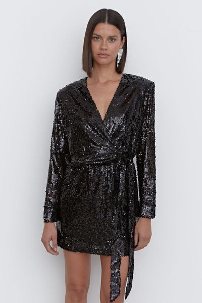 Black Sequin Tie Waist Mini Dress from 4th & Reckless