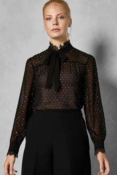 RIIAA Joyous Lace Trim Pussy Bow Blouse