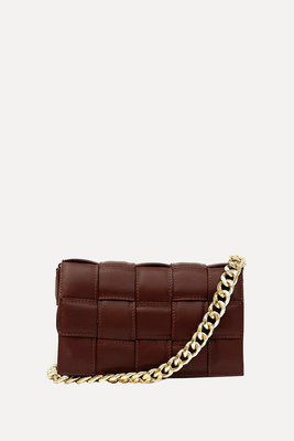 Chestnut Padded Woven Leather Crossbody Bag With Gold Chain Strap from Apatchy London