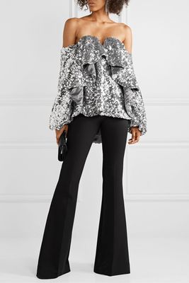 Off-The-Shoulder Ruffled Sequin Tulle Top from Halpern
