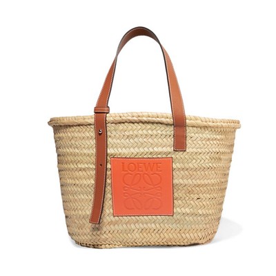 Medium Leather-Trimmed Woven Raffia Tote