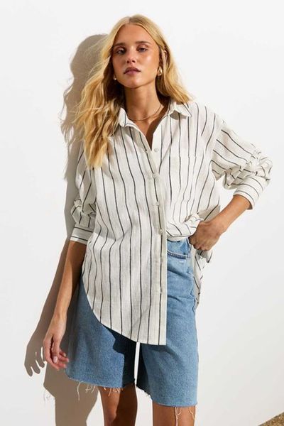 Cotton-Linen Blend Stripe Print Shirt