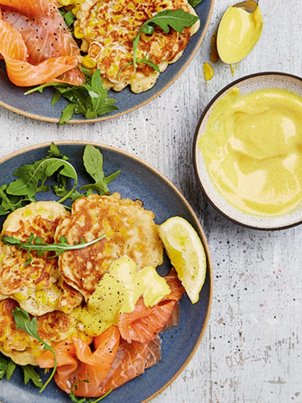 Corn Fritters With Smoked Salmon & Turmeric Yogurt