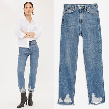 Mid Blue Ripped Hem Straight Leg Jeans