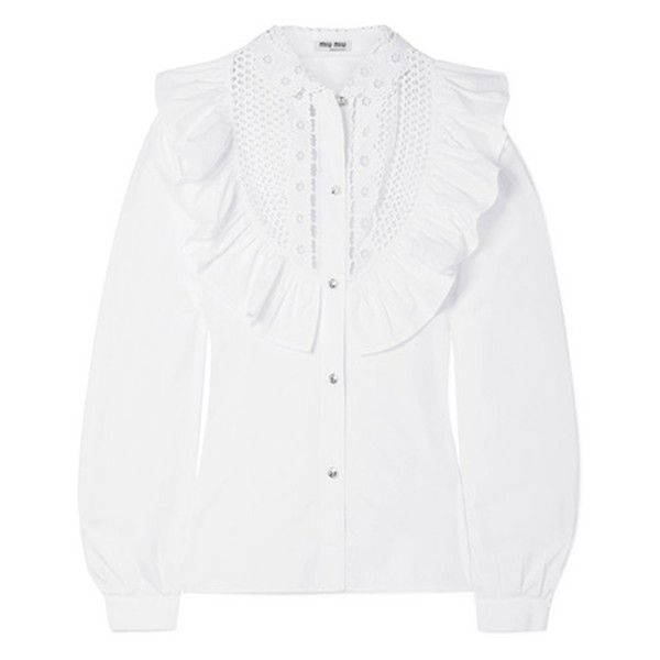 Crystal Embellished Ruffled Cotton Poplin Blouse