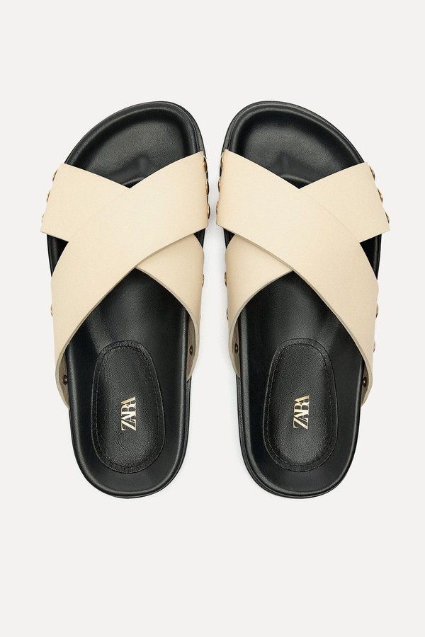 Flat Leather Slider Sandals from Zara