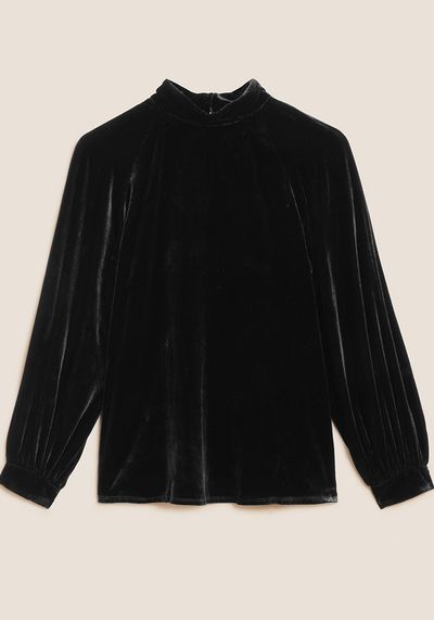 Velvet High Neck Blouson Sleeve Blouse