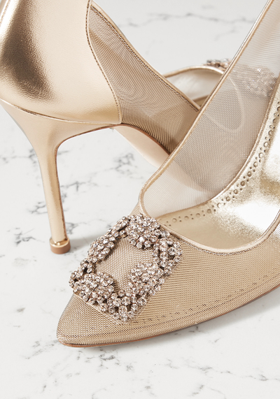 Crystal-Embellished Metallic Mesh & Leather Pumps from Manolo Blahnik