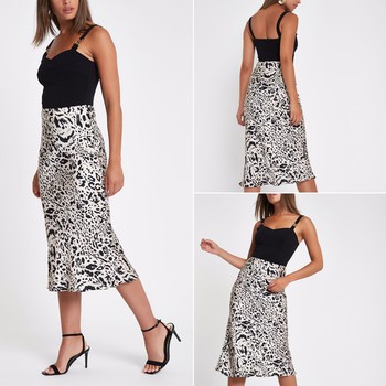 Black Leopard Print Satin Midi Skirt