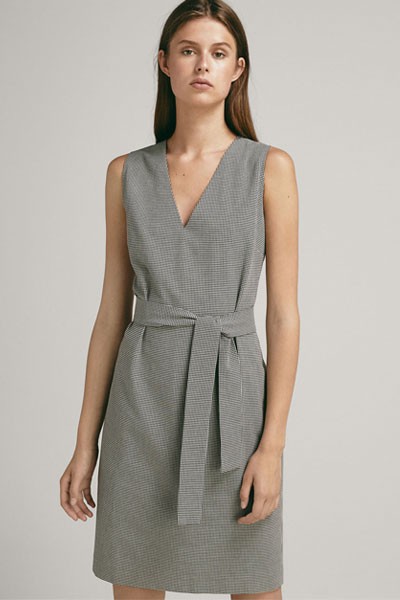 Houndstooth Cotton Dress With Tie Front from Massimo Dutti