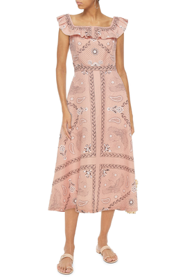 Gale Ruffled-Trimmed Printed Linen And Cotton-Blend Midi Dress from Sandro