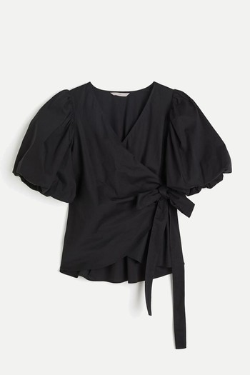 Balloon-Sleeved Wrap Blouse