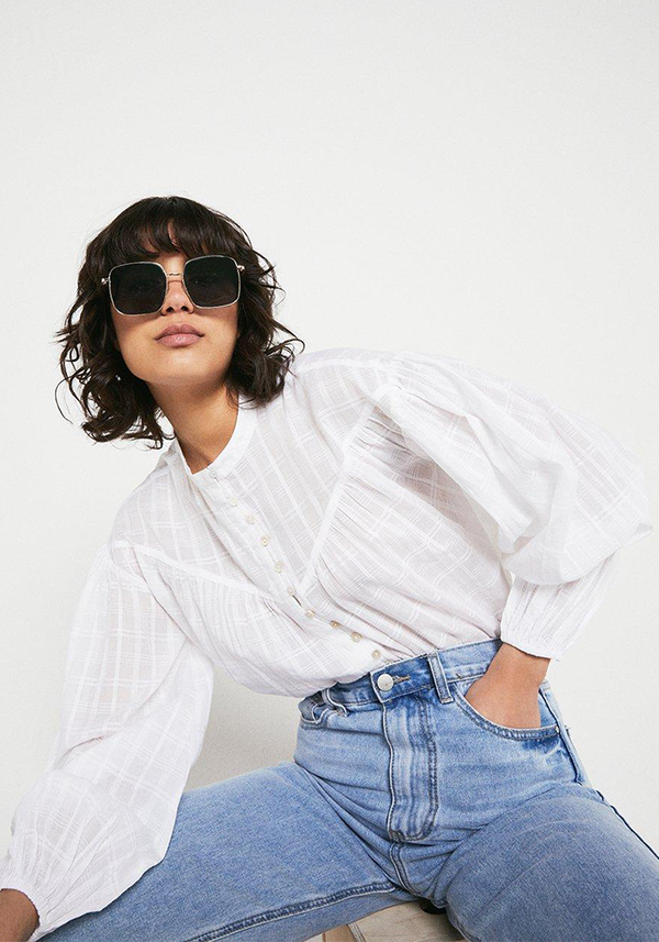 Textured Check Button Front Yoke Detail Top