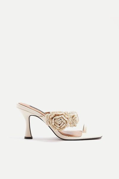 Cream Crochet Flower Strap Heeled Sandals from River Island