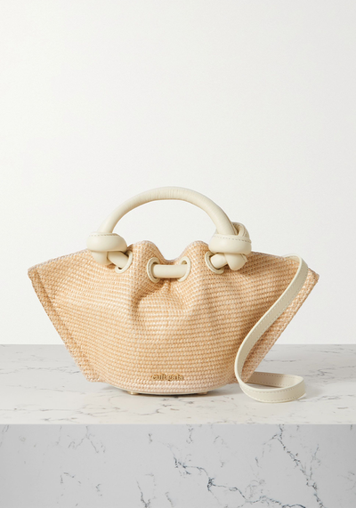 Daya Mini Leather-Trimmed Woven Raffia Shoulder Bag from Cult Gaia