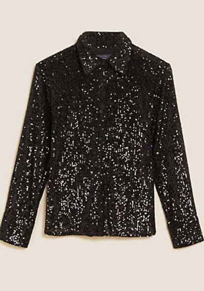 Sequin Collared Long Sleeve Shirt