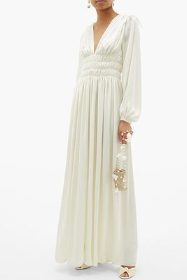 Shirred-Waist Ruched-Shoulder Satin Dress from Maison Rabih Kayrouz