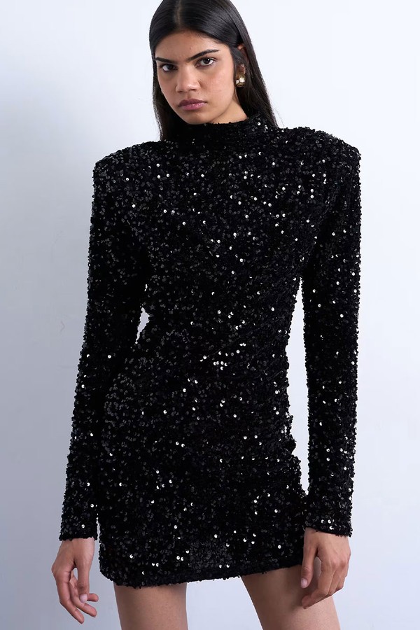 Long Sleeve Velvet Sequin Mini Dress With Shoulder Pads from Topshop