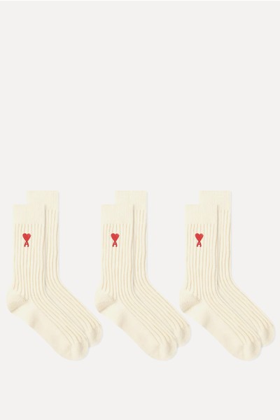 Three-Pack Logo-Embroidered Ribbed Cotton-Blend Socks from Ami