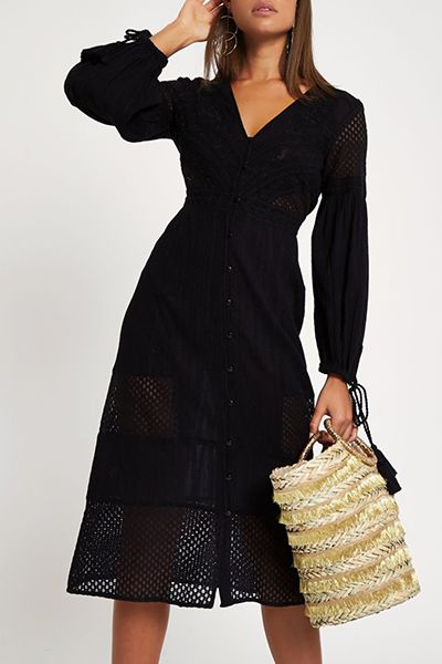 Black Embroidered Button Through Dress