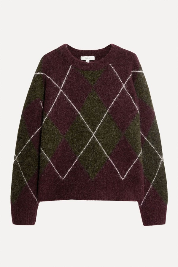 Wool Blend Argyle Crew Neck Relaxed Jumper from Marks & Spencer