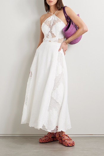 Embroidered Crochet-Trimmed Linen Midi Dress