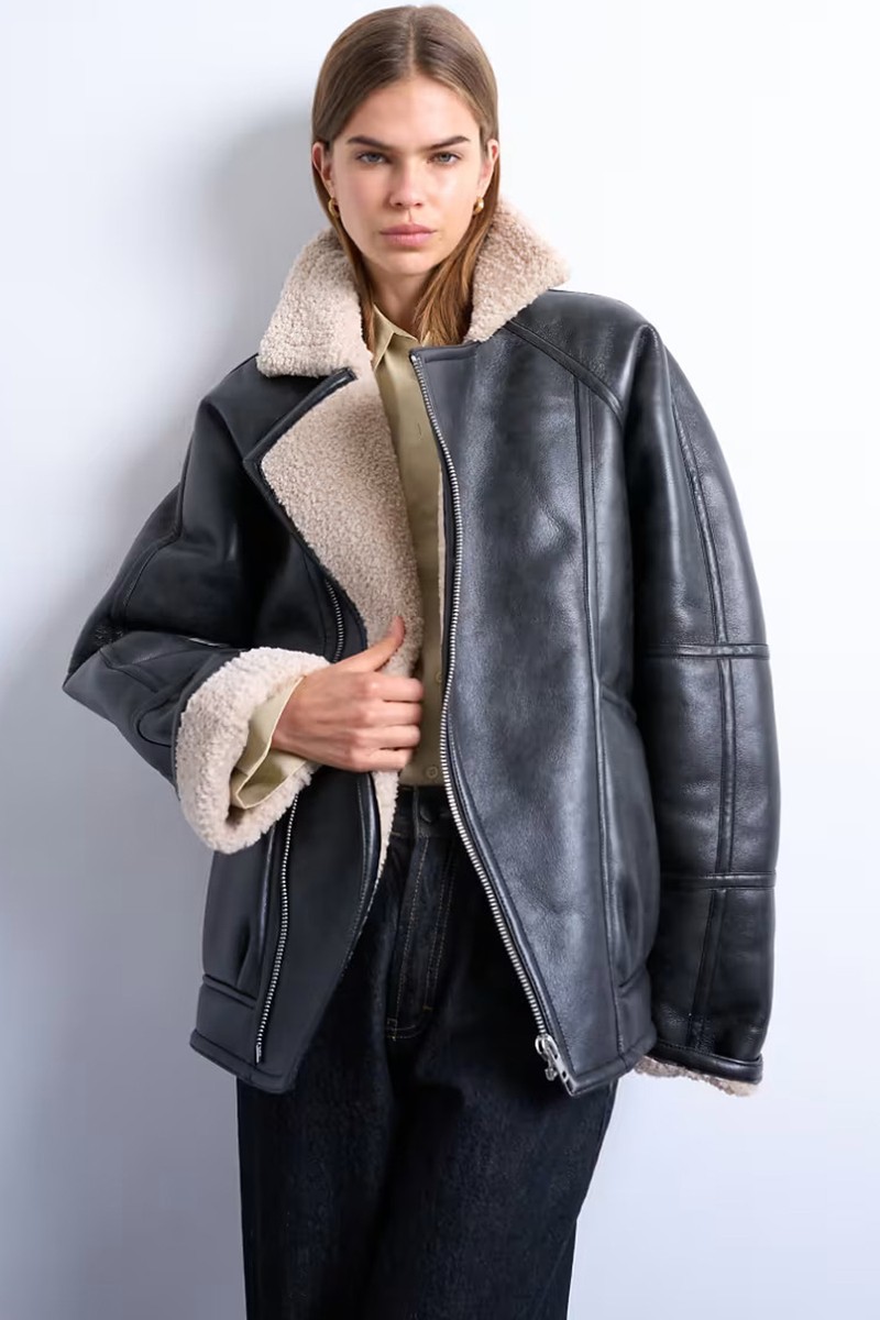 Vintage Wash Shearling Aviator Bomber from Topshop