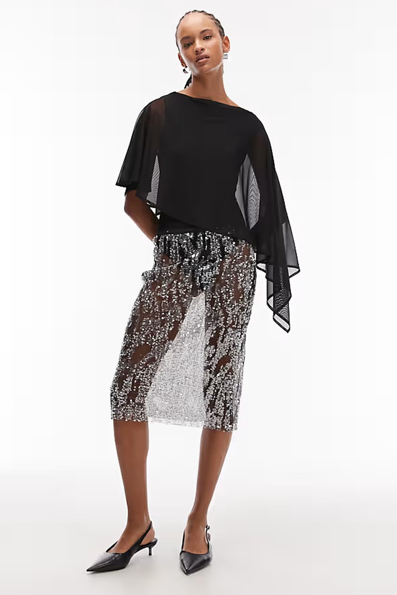 Sheer Sequin Mesh Knee Length Midi Skirt from ASOS DESIGN