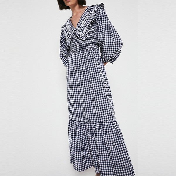 Embroidered Collar Gingham Midi Dress from Warehouse