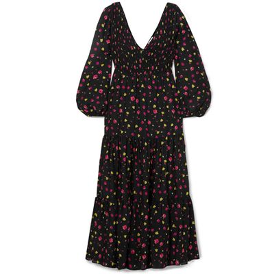 Lottie Shirred Floral-Print Cotton And Silk-Blend Midi Dress from Rixo