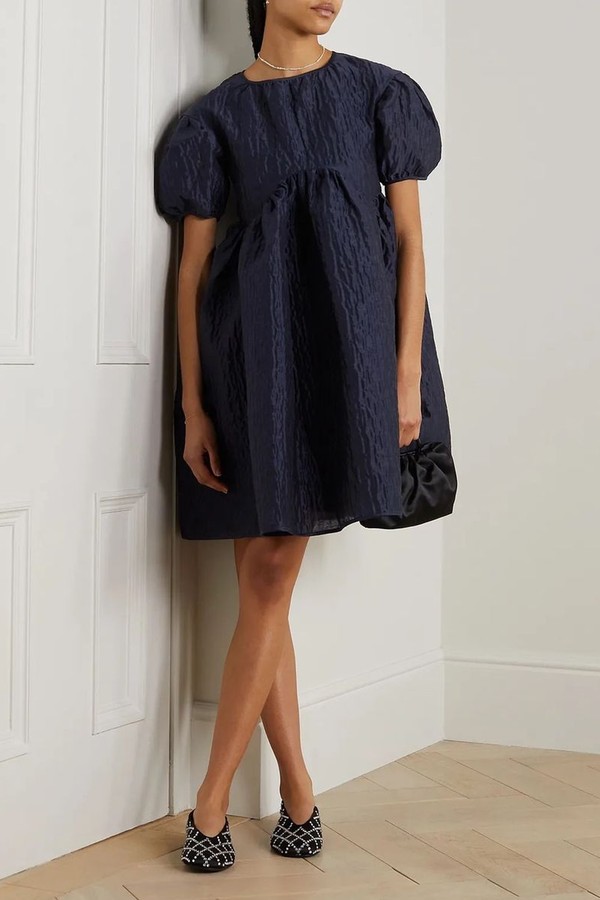 Thelma Gathered Matelassé Linen-Blend Mini Dress