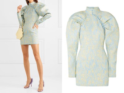 Button-Detailed Ruched Crinkled-Jacquard Mini Dress from Rotate Birger Christensen