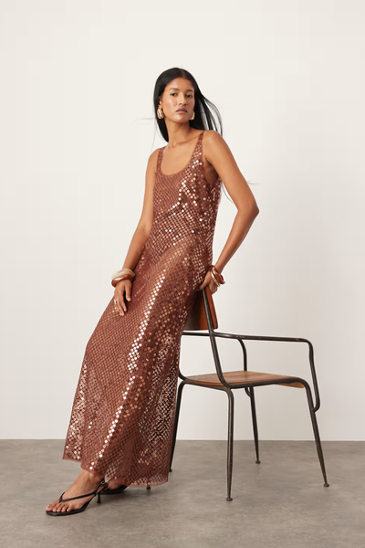 Sheer Disc Sequin Maxi Raw Edge Vest Dress from ASOS