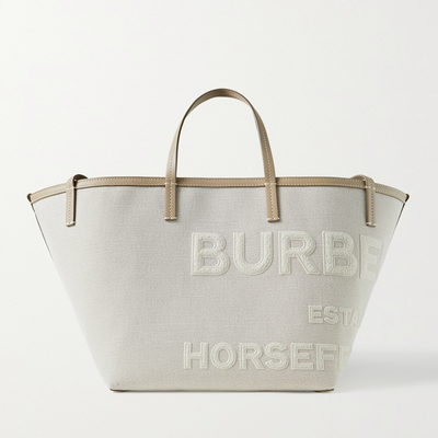 Leather-Trimmed Appliquéd Linen Canvas Tote from Burberry